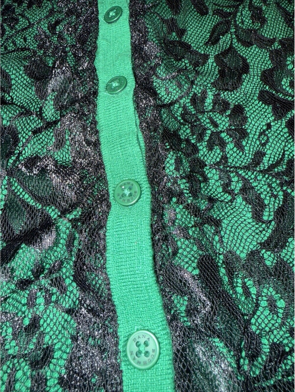 Cottage Vintage Emerald Green Black Lace Cardigan Knit Sweater Blouse Top Button - Picture 3 of 5
